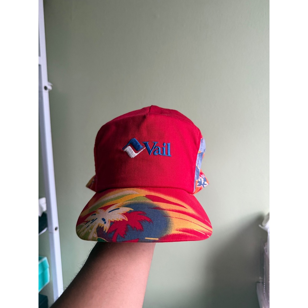 Vintage Vail Ski Resort Hat Red Tropical Floral Palm Tree Leather Strapback Cap